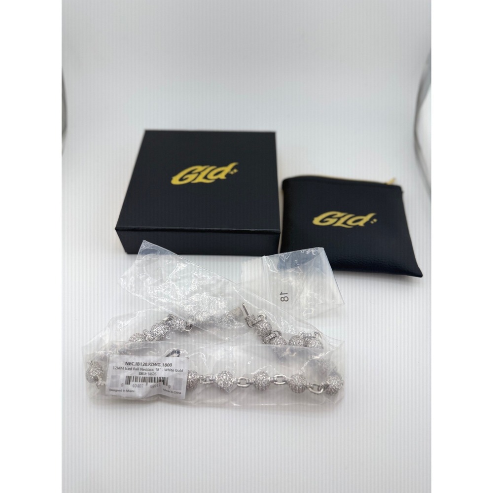 GLD 12MM Iced Ball Necklace 18" White Gold Finish‎ Bling Streetwear NEC.IB120
